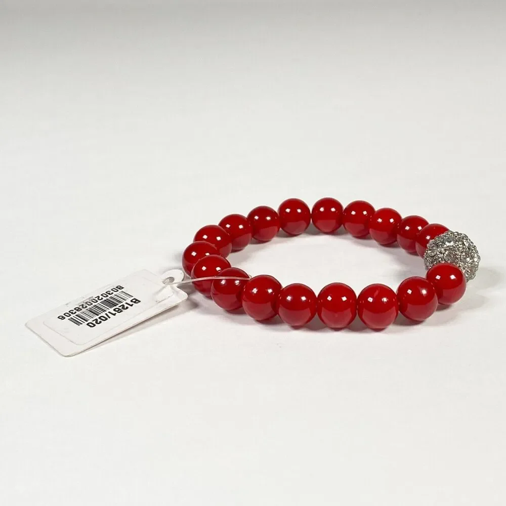 Boutique Red Beaded Stretch Bracelet Silver Tone Crystal Charm Holiday Gift New